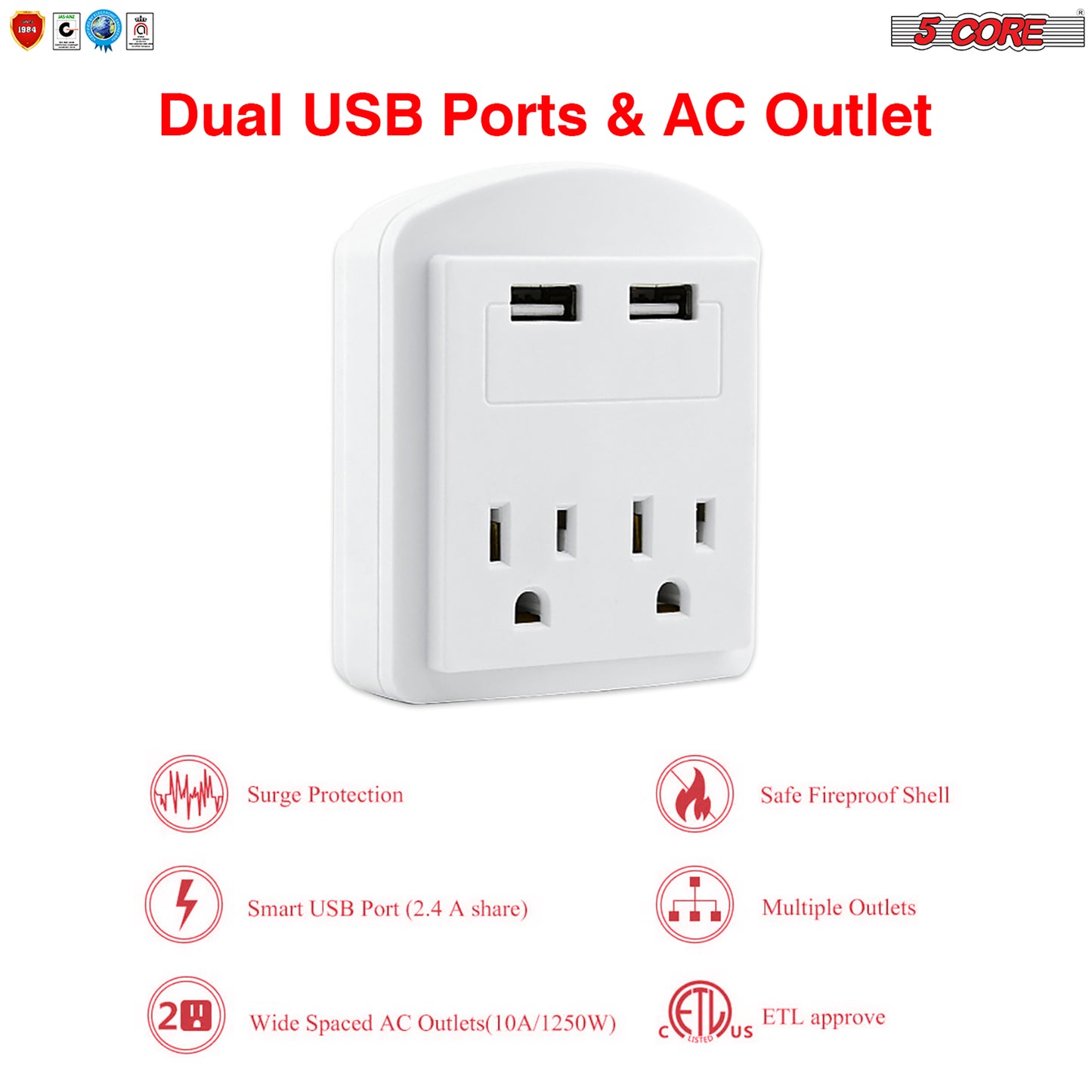 USB Wall Charger White with Surge Protector | Charging Power Outlet with 2 USB Ports and 2 AC Plug Expanders | Safe Wall Adapter for Travel, Home, Office, Cruise Dorm Essentials- 2U2O-1