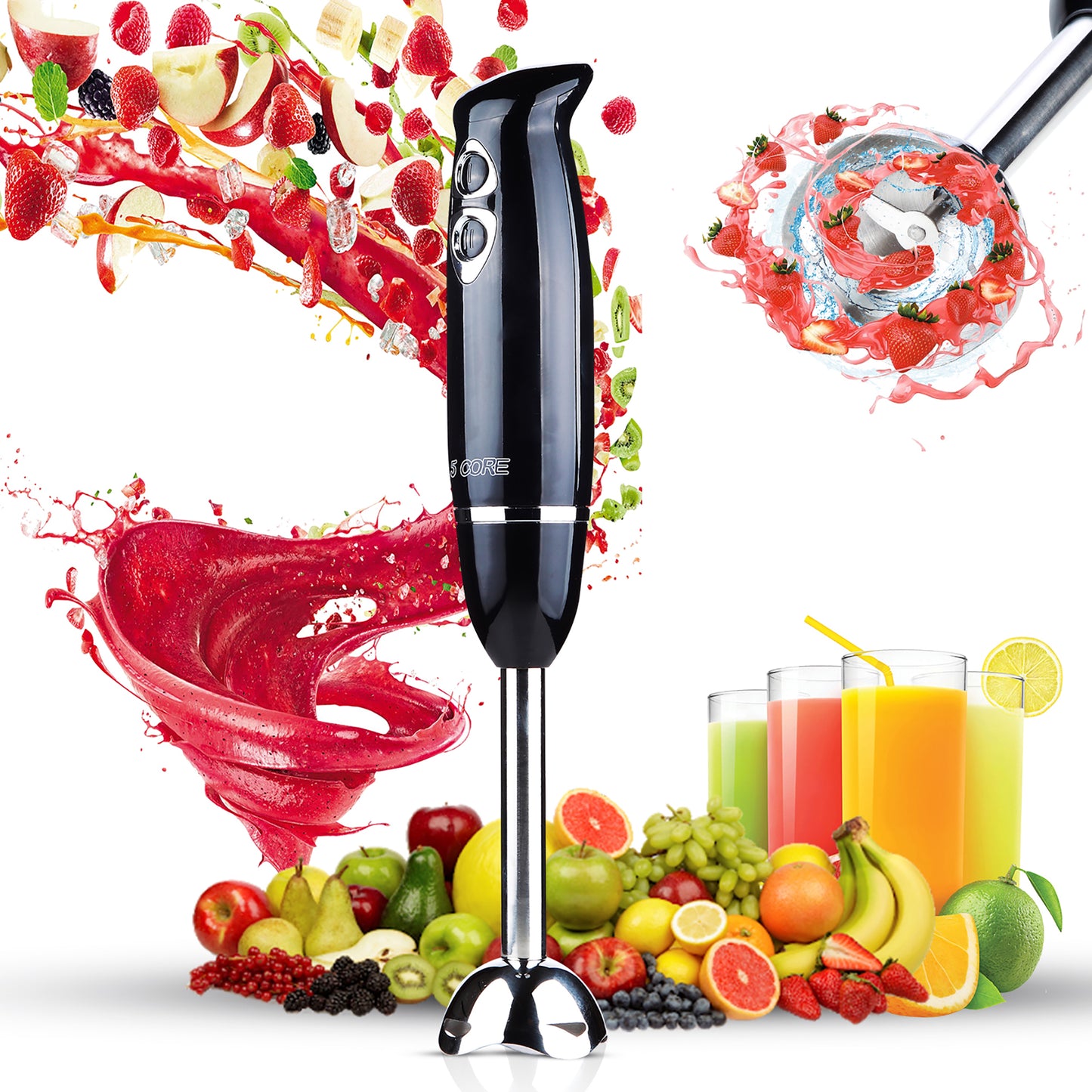 Powerful Immersion Blender Black| 500 Watt Multi-Purpose Hand Blender Heavy Duty Copper Motor w/ Steel Finish | for Soup, Smoothie, Puree, Baby Food, 304 Stainless Steel Blades- HB 1510 BLK