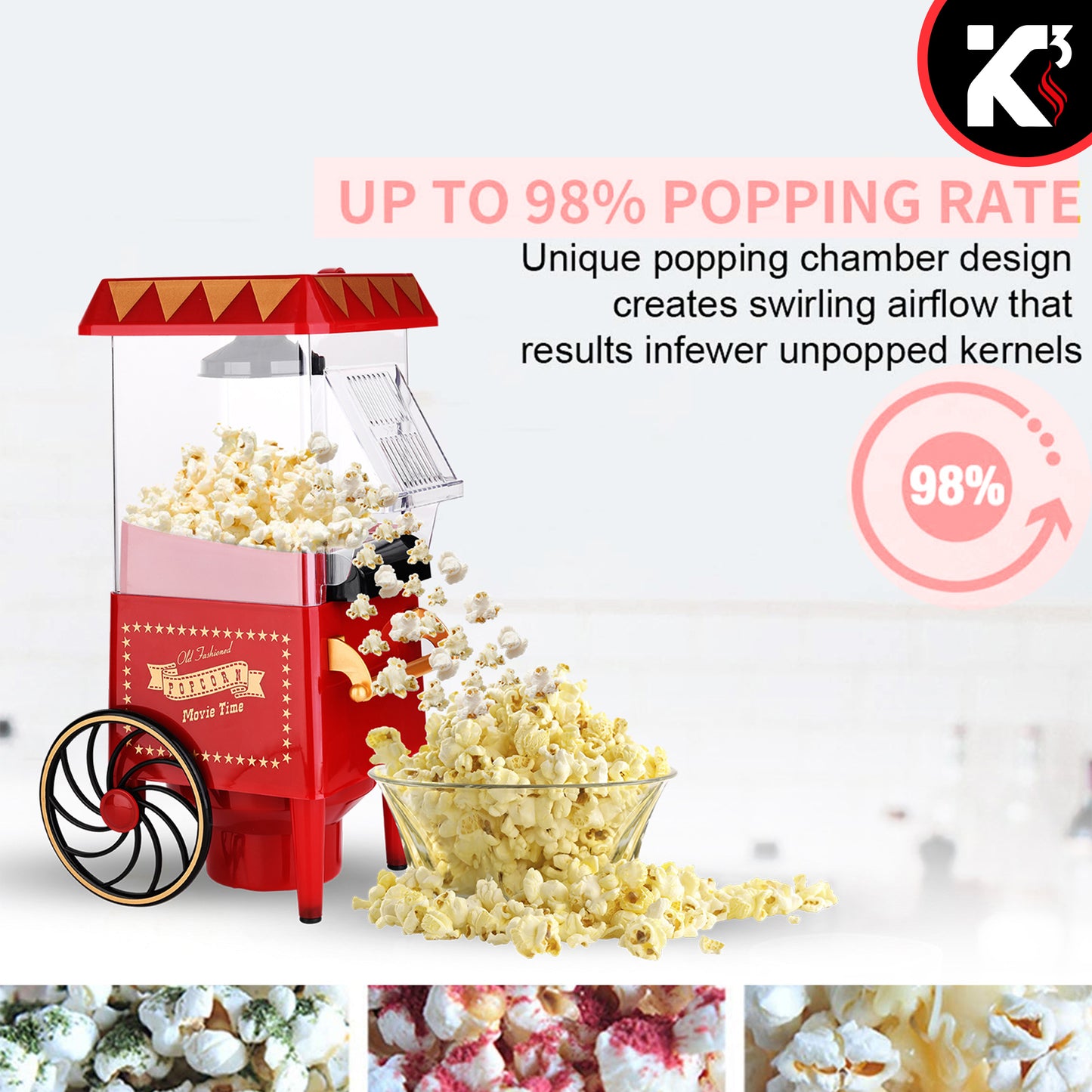 Kcubeinc Nostalgia Vintage Table-Top Popcorn Maker Machine with Wheels, 1400 Watts, 120 V, Hot Air POP 820