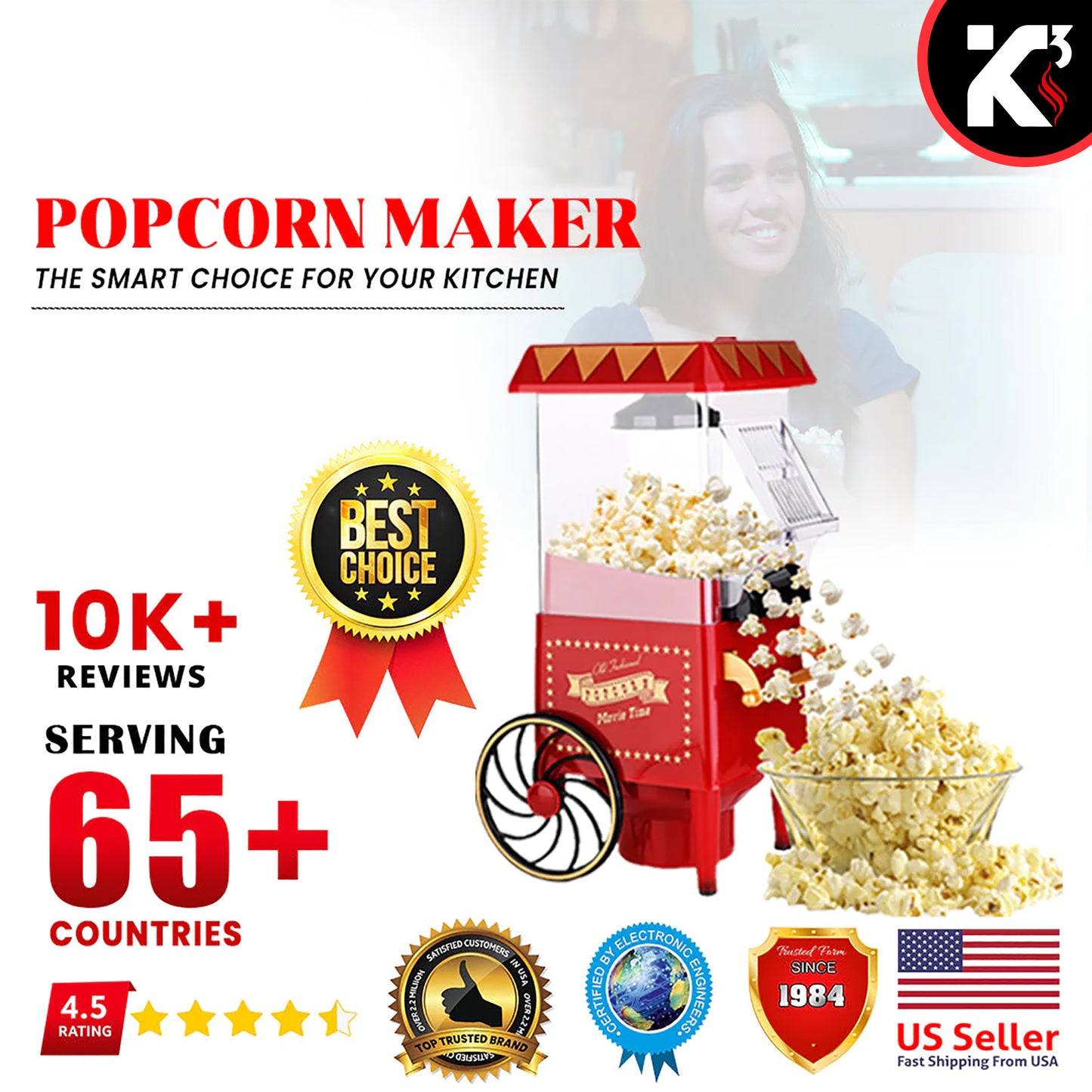 Kcubeinc Nostalgia Vintage Table-Top Popcorn Maker Machine with Wheels, 1400 Watts, 120 V, Hot Air POP 820