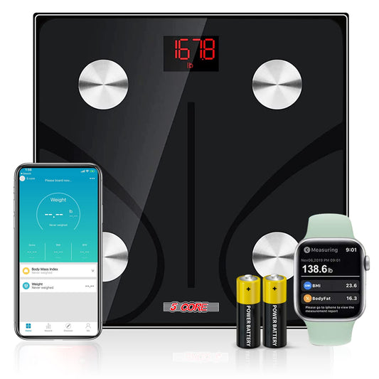 5 Core Smart Digital Bathroom Weighing Scale with Body Fat and Water Weight for People, Bluetooth BMI Electronic Body Analyzer Machine, 400 lbs. BBS DOT B BLK