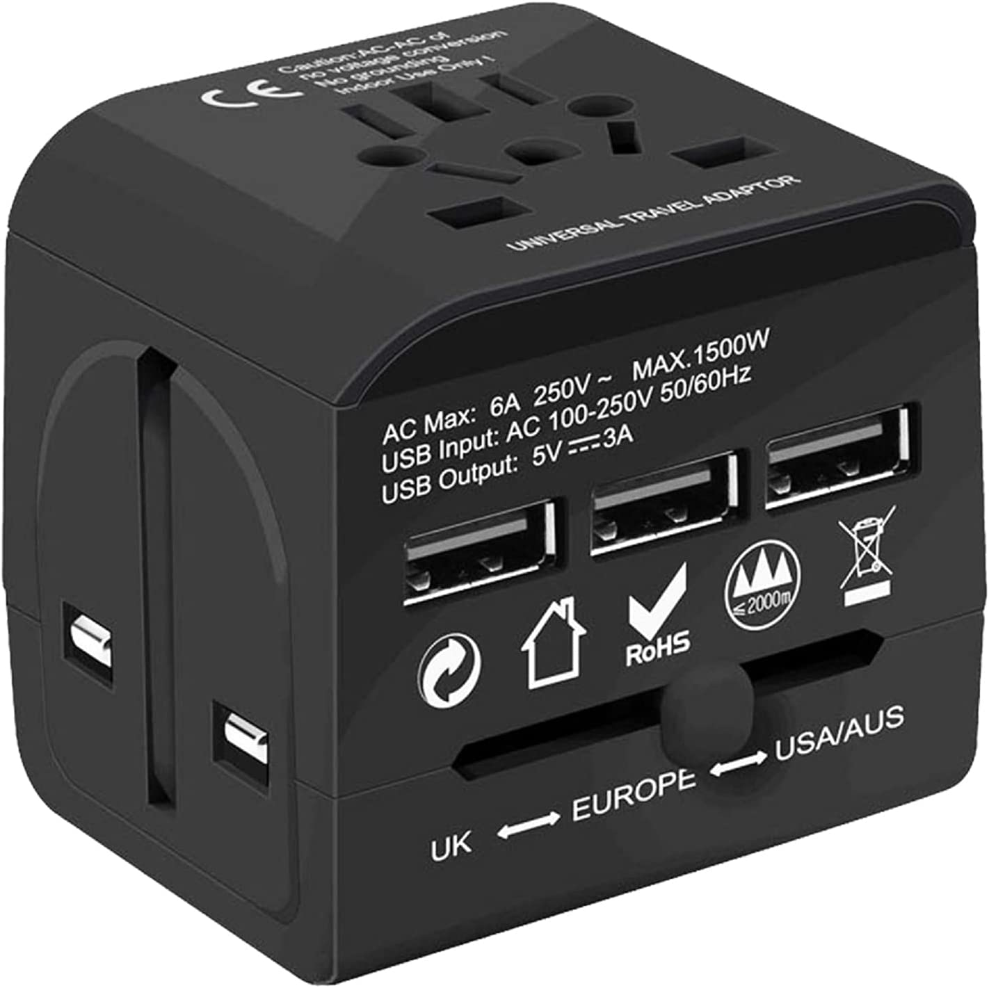Charger Universal Adapter Multi Outlet Port 3 USB Phone Power All in One Multi Cable Multiple Phone Charge Wall Plug (Black)  UTA 3USB BLK
