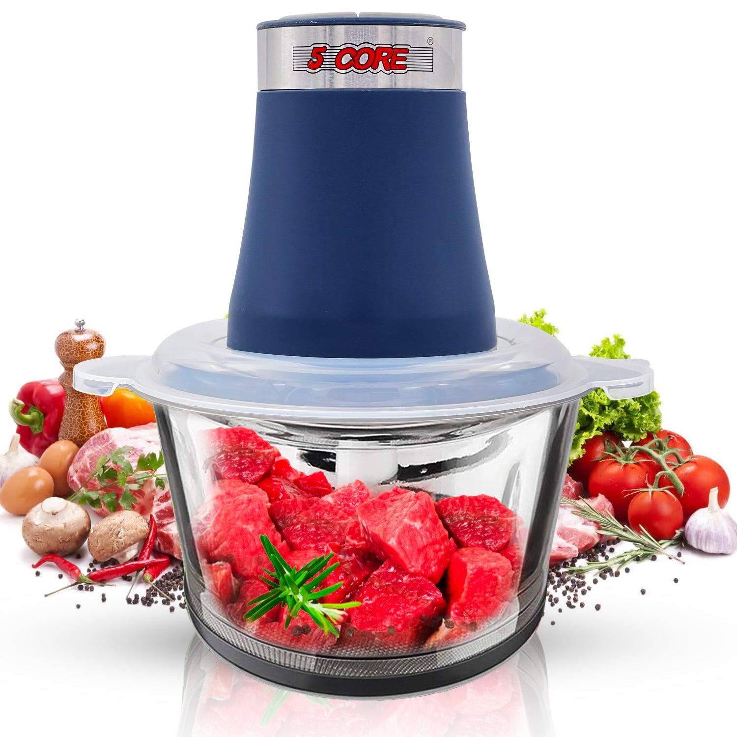 5 Core Food Processor 300W Motor, Electric Chopper Heavy Duty Meat Grinder 12 Cup 4 Titanium Blades, 2L Glass Bowl With 2 Speed for Vegetables Fruits Nuts Lean Ground Meat MG S GB