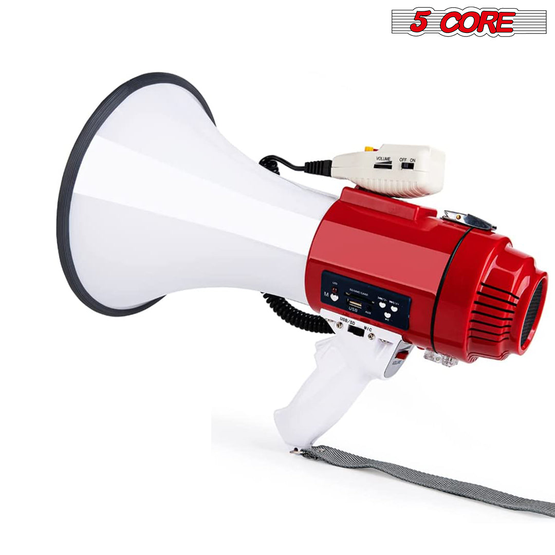 Bullhorn Megaphone Speaker White-Red | 50W Professional Megaphone with Recording, Volume Control and Siren Alarm| Battery Operated and Handheld Mic | Powerful Megafono Speaker with Strap -77SF