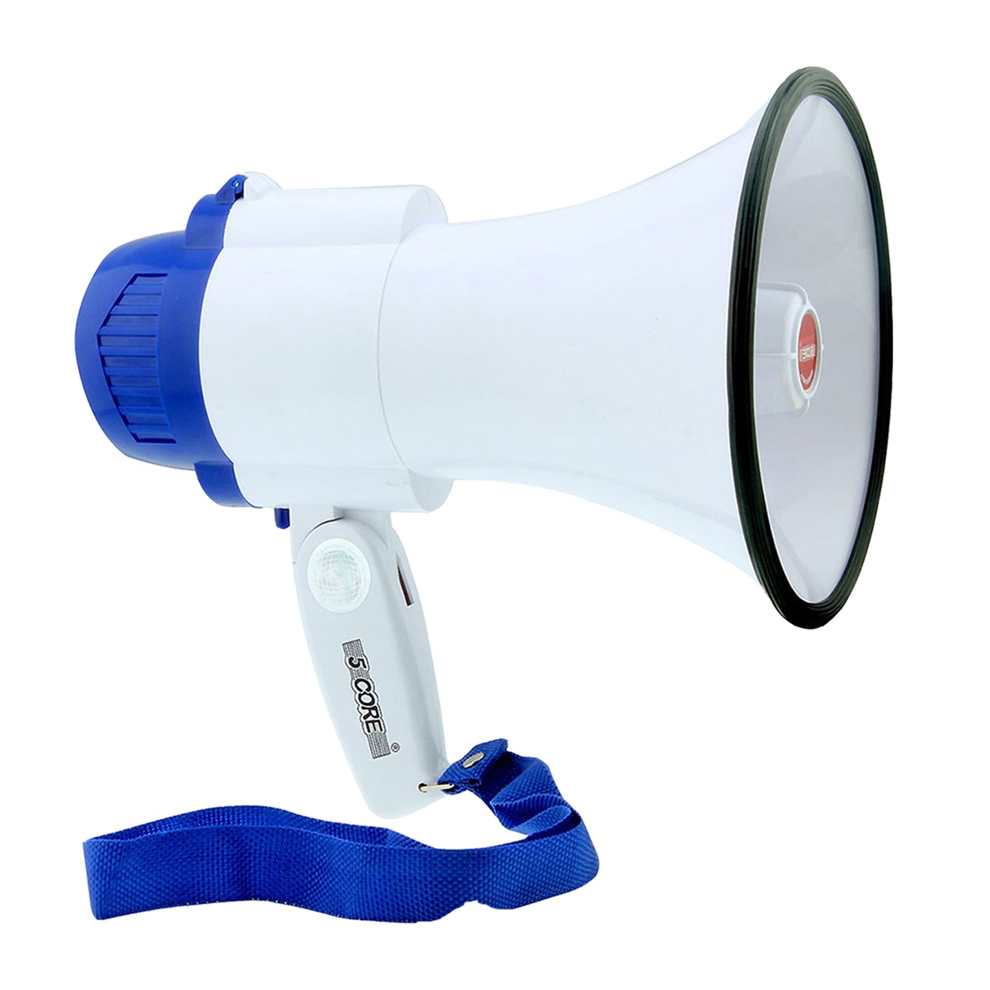 Megaphone 10W Voice Amplifier White-Blue | Cheer Megaphone with USB, SD Card Input| Recording, Volume Control, Siren Alarm| Battery Operated w/ Foldable Handle, Holding Strap- 8R-USB WOB