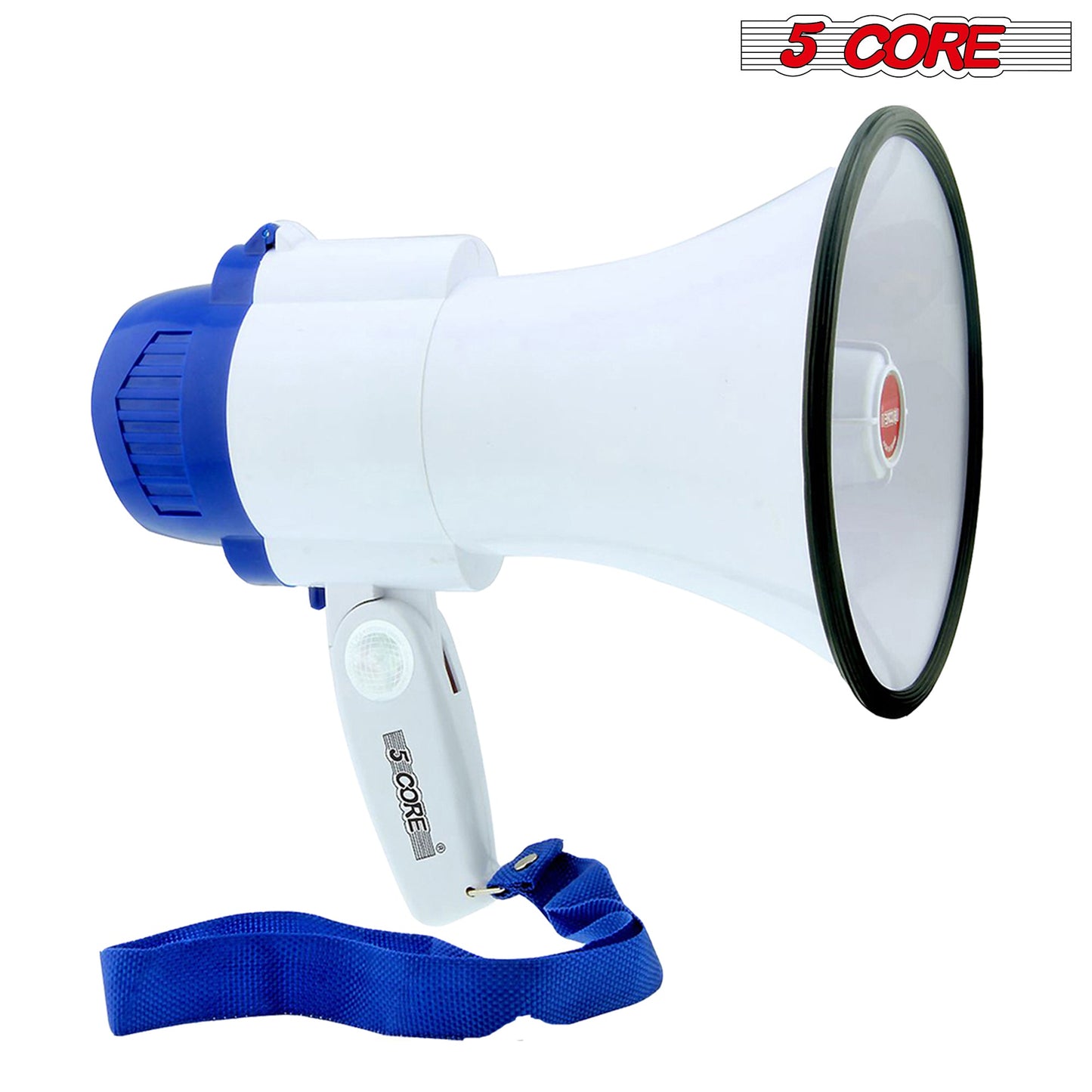 Megaphone 10W Voice Amplifier White-Blue| Cheer Megaphone with USB, SD Card Input| Recording, Volume Control, and Siren Alarm| Rechargable Battery | Bullhorn Speaker with Strap- 8R-USB-WB